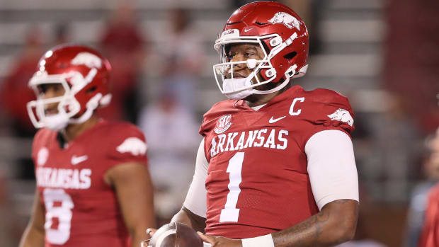 Razorbacks quarterback KJ Jefferson during warmups before Florida International